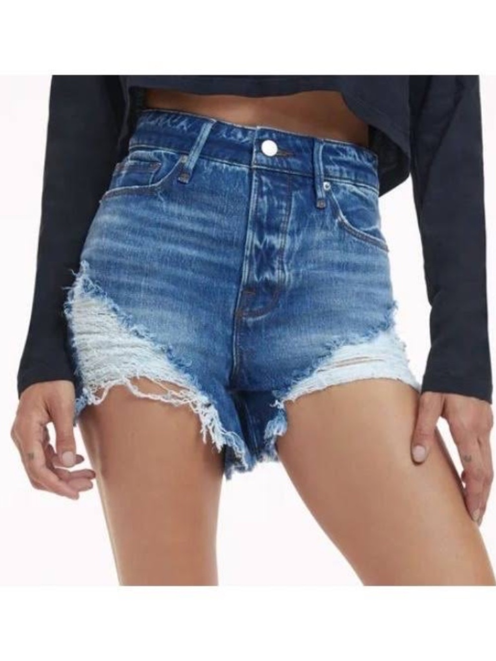 Good American Bombshell Distressed Denim Booty‎ Shorts Raw Hem Cheeky 0/25